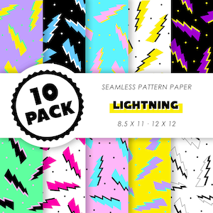 May include: A set of 10 digital paper patterns featuring lightning bolts in various colors and styles. The patterns are seamless and can be used for scrapbooking, card making, and other craft projects. The text on the image reads "10 Pack Lightning Seamless Pattern Paper 8.5 x 11 - 12 x 12"