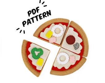 May include: A felt pizza divided into four slices, each with different toppings. The slices are arranged in a circle, with the "PDF PATTERN" text in the upper left corner.