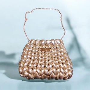 Chunky handmade knit gold bag, hand knit, puffer bag, handmade unique personalised bag