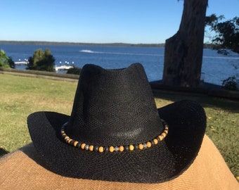 Aussie cowgirl black hat multicoloured bead band Australian western line dancing hat 21st 18th party festival rodeo Nashville cowboy