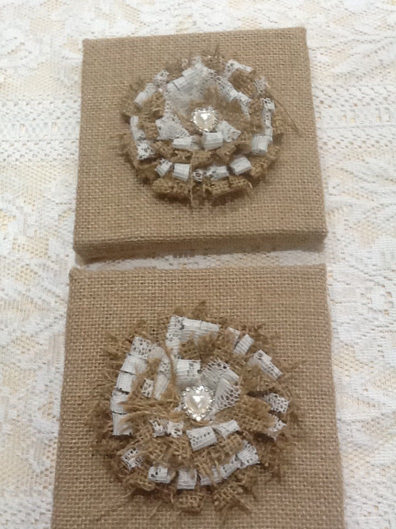 2 x Australian made Rustic Hessian Burlap Wall frames with handmade burlap and lace flowers. image 3