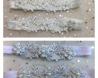 Plus size brides wedding garter set, handmade in any size in Ivory or hand dyed something Blue Hand stitched with Pearl and crystals Au made