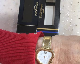 Authentic Yves Saint Laurent heart gold tone Love watch serial no 41986 Genuine 1990s unused in box new battery YSL France Mothers Day gift!