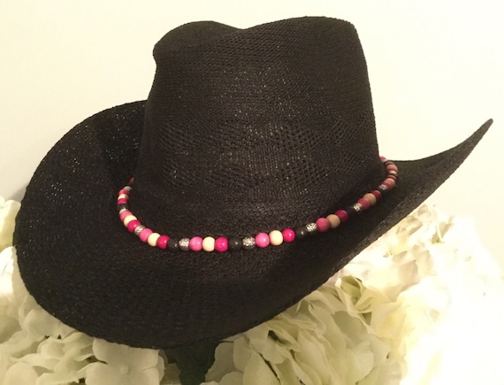 Aussie cowgirl black hat multicoloured bead band Australian western line dancing hat 21st 18th party festival rodeo Nashville cowboy