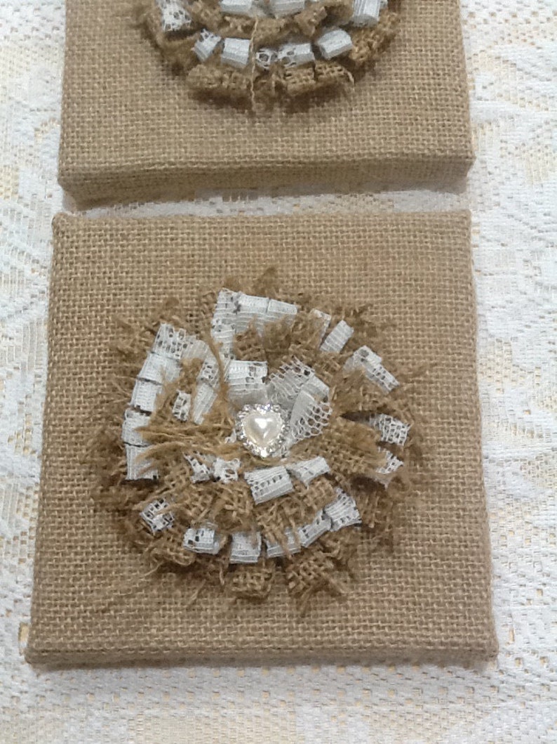 2 x Australian made Rustic Hessian Burlap Wall frames with handmade burlap and lace flowers. image 4