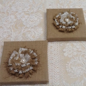 2 x Australian made Rustic Hessian Burlap Wall frames with handmade burlap and lace flowers. image 1