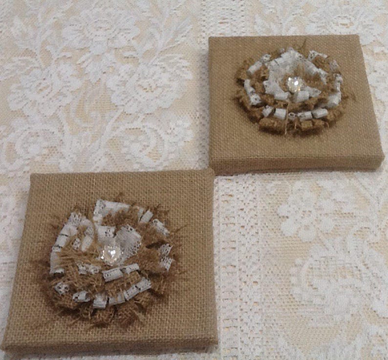 2 x Australian made Rustic Hessian Burlap Wall frames with handmade burlap and lace flowers. image 1