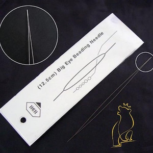 May include: Two silver beading needles with large eye holes. The needles are 12.5 cm long and are packaged on a white card with the text "(12.5cm) Big Eye Beading Needle" and the brand name "HIGH".