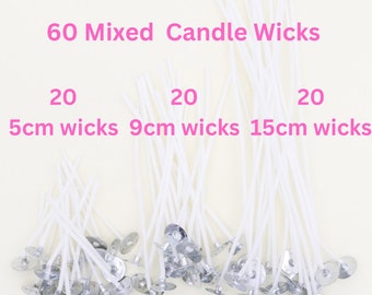 60 waxed candle wicks mixed set 20 each 5cm 9cm 15cm cotton sustainer wick