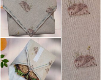 Vegan friendly reusable sandwich wrap for an eco alternative to clingfilm. This cute hedgehog wrap is an easy swap for a more eco lifestyle