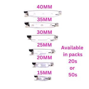 May include: A set of six silver safety pin sizes: 15mm, 20mm, 25mm, 30mm, 35mm, and 40mm. Available in packs of 20 or 50.