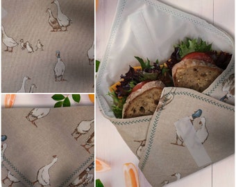 Zero waste sandwich wrap, Duck design lunch box, sustainable living lunch, eco sandwich lunch wrap. packed lunch, Zero waist food wrap.