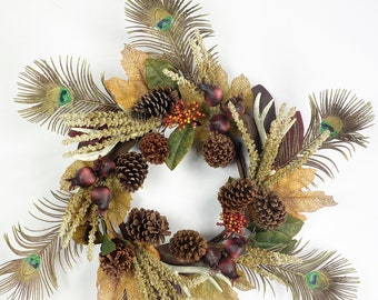 Peacock Fall Wreath, Antler Wreath, Rustic Fall Door Hanger, Farmhouse Fall Decor, Natural Fall Wreath, Wedding present, housewarming gift