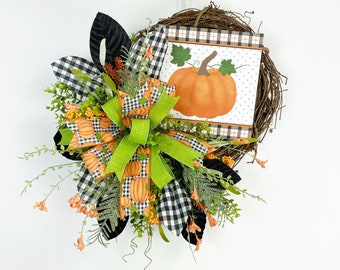 Fall pumpkin Wreath, Autumn wreath, Harvest Wreath, Buffalo plaid Fall Wreath, Farmhouse Wreath, Rustic Wreath, housewarming gift