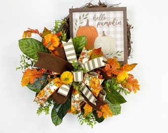 Fall pumpkin Magnolia Wreath, Autumn wreath, Harvest Wreath, Fall Wreath, Farmhouse Wreath, Rustic Wreath, housewarming gift