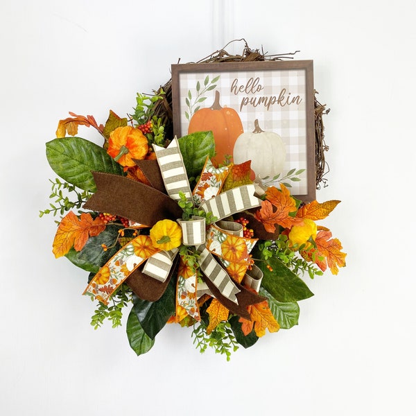 Fall pumpkin Magnolia Wreath, Autumn wreath, Harvest Wreath, Fall Wreath, Farmhouse Wreath, Rustic Wreath, housewarming gift