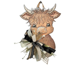 Front Door Decor | Front Door Wreath | Highland Cow | Welcome Sign | Front Door Sign | Welcome Door Hanger | Year Round Door Hanger