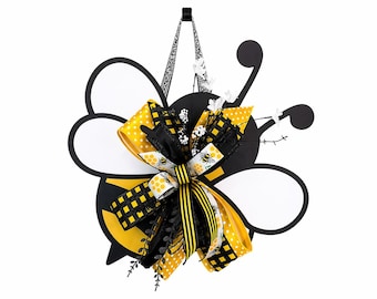 Bumblebee Door Hanger with Layered Ribbon Bow | Whimsical Farmhouse Spring Summer Front Door Decor