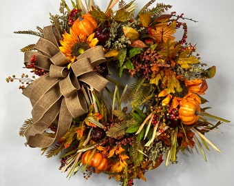 Happy Fall Wreath, Autumn wreath, Harvest Wreath, Wheat Wreath, Fall Wreath, Farmhouse Wreath, Rustic Wreath, pumpkin wreath