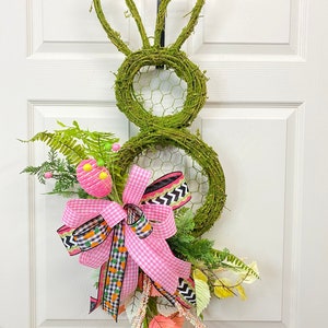 Easter Wreath, bunny Door Hanger, Easter Door Hang, bright colors easter wreath, whimsical easter wreath, happy easter, buffalo check