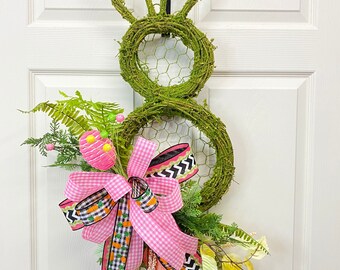 Easter Wreath, bunny Door Hanger, Easter Door Hang, bright colors easter wreath, whimsical easter wreath, happy easter, buffalo check