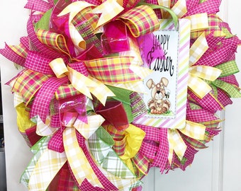 Easter Wreath, Bunny Wreath, pink easter wreath, bright colors easter wreath, whimsical easter wreath, happy easter, Christmas Gift Idea