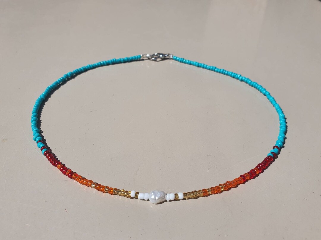 Sunset Blue Red Orange Gold Pearl Seed Beed Choker Necklace - Etsy