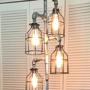 Galvenized Silver Pipe Floor Lamp 4-fixture Black Steel cages Lamp INCLUDES Edison Vintage Bulbs