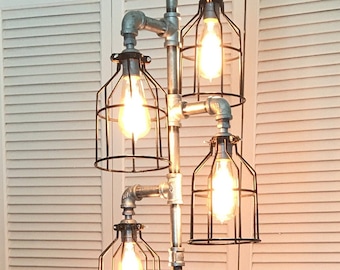 Galvenized Silver Pipe Floor Lamp 4-fixture Black Steel cages Lamp INCLUDES Edison Vintage Bulbs