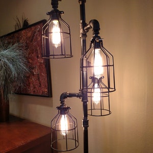 Industrial Steampunk Pipe Floor Lamp 4-fixture Metal Guard Bulb Cage DOES NOT Include Bulbs Vintage Living Room Rustic Standing Farmhouse