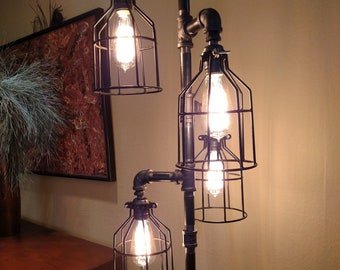 Pipe Floor Lamp 4-fixture Metal Lamp Guard Bulb Cage DOES NOT Include Bulbs