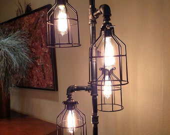 Industrial Steampunk Pipe Floor Lamp 4-fixture Metal Lamp Guard Bulb Cage INCLUDES 4 LED Bulbs INCLUDES Dimmer Switch Rustic Living Room