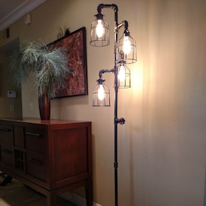 Industrial Steampunk Rustic Pipe Floor Lamp: Steel Cage, Dimmer Switch