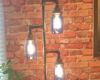 Pipe Floor Lamp 3-fixture DOES NOT Include Bulbs Living Room Steampunk Vintage Blue Glass Jar