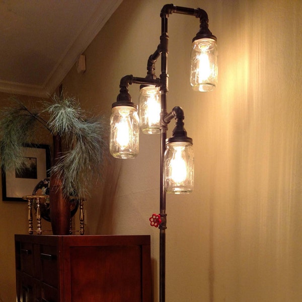 Industrial Steampunk Pipe Floor Lamp 4-fixture Mason Jar DOES NOT Include Bulbs Vintage Living Room Rustic Standing Farmhouse