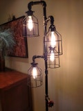 Industrial Steampunk Pipe Floor Lamp 4-fixture Metal Guard Bulb Cage DOES NOT Include Bulbs Vintage Living Room Rustic Standing Farmhouse