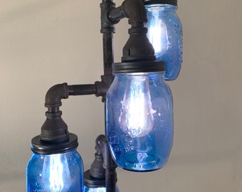 Pipe Floor Lamp 4-fixture DOES NOT Include Bulbs Living Room Steampunk Vintage Blue Glass Jar