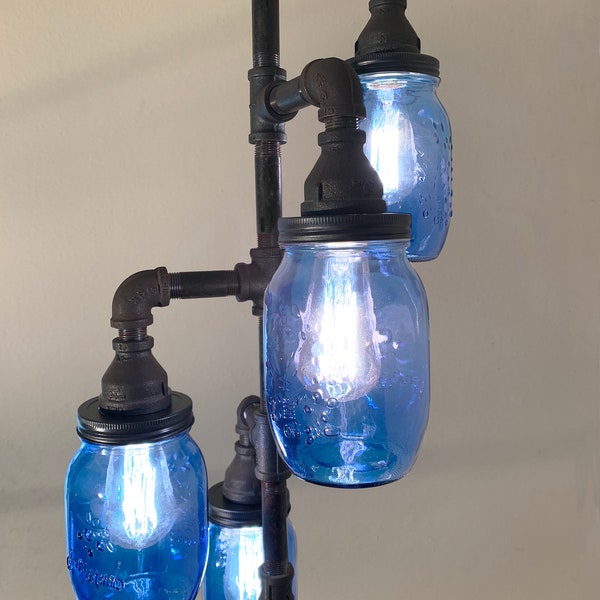 Pipe Floor Lamp 4-fixture DOES NOT Include Bulbs Living Room Steampunk Vintage Blue Glass Jar