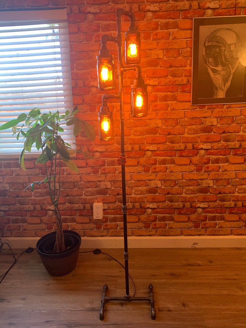 Pipe Floor Lamp 4-fixture Living Room Steampunk Amber Mason Jar DOES NOT Include Bulbs image 1