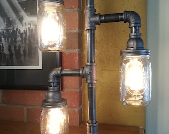 Industrial Steampunk Floor Lamp 3-Fixture Mason Jar Includes Dimmer Switch Vintage Living Room Farmhouse Rustic Standing Farmhouse