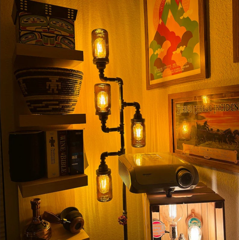 Pipe Floor Lamp 4-fixture Living Room Steampunk Amber Mason Jar DOES NOT Include Bulbs image 3