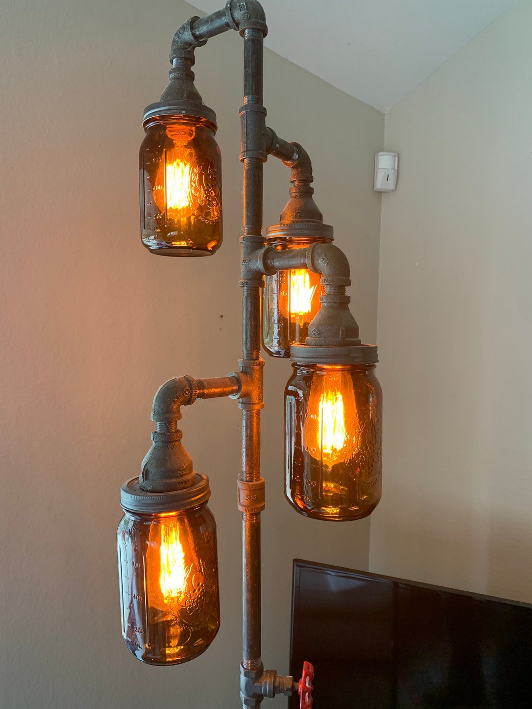 Industrial Steampunk Pipe Floor Lamp 4-fixture Amber Jar INCLUDES 4 LED Edison Vintage Bulbs Living Room Rustic Standing Farmhouse