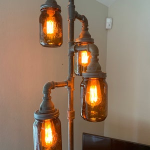 Industrial Steampunk Pipe Floor Lamp 4-fixture Amber Jar INCLUDES 4 LED Edison Vintage Bulbs Living Room Rustic Standing Farmhouse
