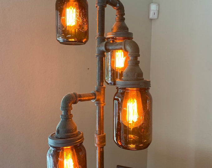 Industrial Steampunk Floor Lamp: Amber Mason Jars, LED Edison Bulbs