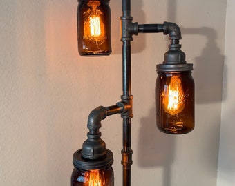 Pipe Floor Lamp 4-fixture Living Room Steampunk Amber Mason Jar DOES NOT Include Bulbs