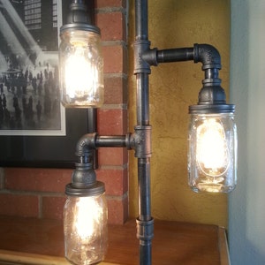 Industrial Steampunk Pipe Floor Lamp 3-Fixture Mason Jar DOES NOT Include Bulbs Vintage Living Room Rustic Standing Farmhouse