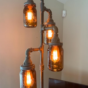 Industrial Steampunk Pipe Rustic Floor Lamp: 4-fixture Amber Jars