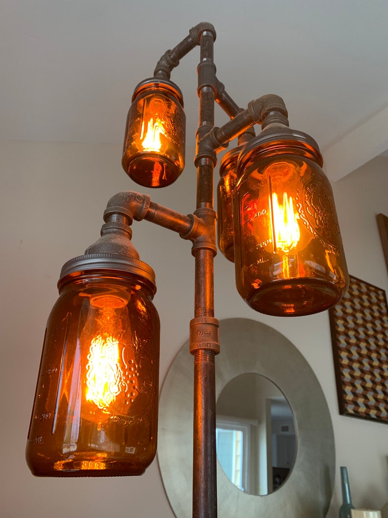 Pipe Floor Lamp 4-fixture Living Room Steampunk Amber Mason Jar DOES NOT Include Bulbs image 4