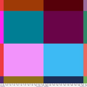 May include: A colorful geometric pattern featuring large rectangular blocks in shades of teal, purple, pink, blue, brown, and red. A ruler is at the bottom of the image.