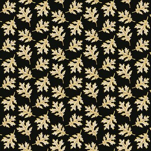 May include: A seamless pattern of gold oak leaves on a black background. The leaves are stylized and have a slightly textured appearance.